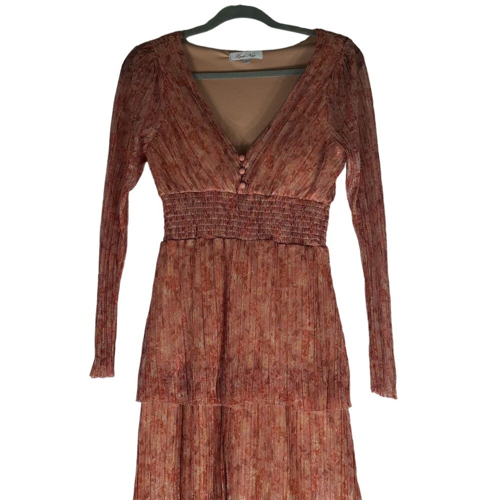 Haute Nites Metallic Orange Brown Sheer Maxi Dress - Picture 2 of 14